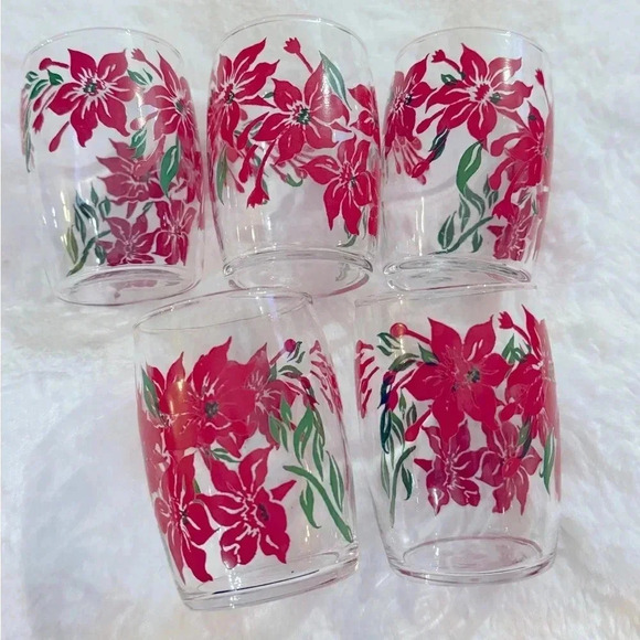 Vintage Pointsetta Christmas Juice Glass Set of Five Holiday Glasses Party EUC - Picture 1 of 12